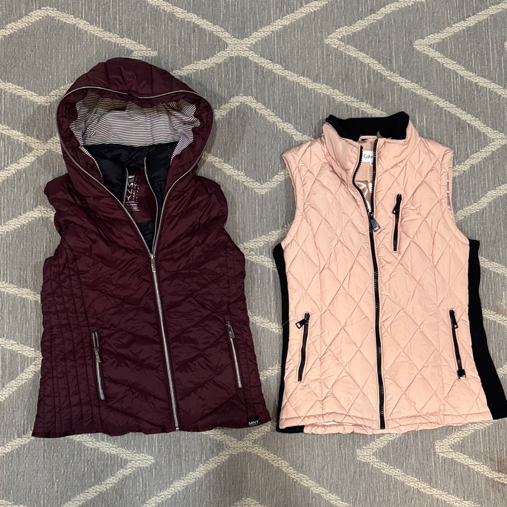 Set of 2 Quilted Hooded and Sleeveless vests - Burgundy and Pink/black